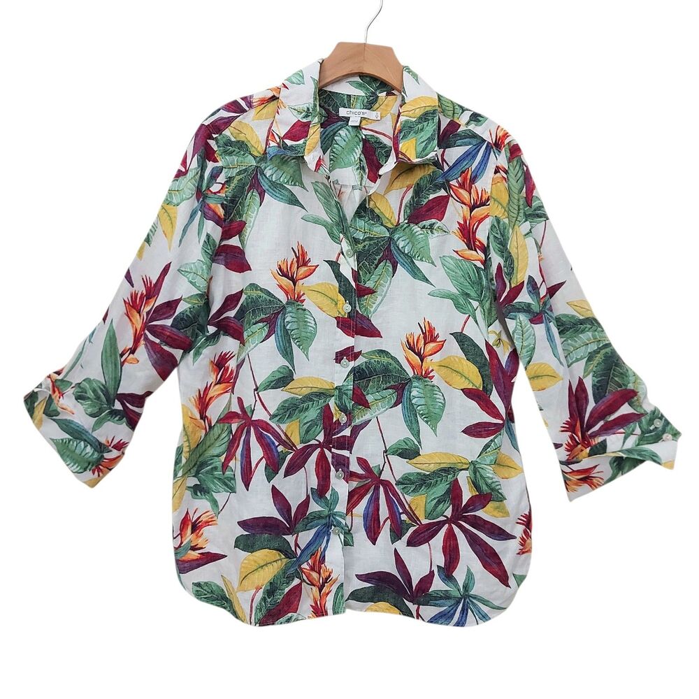 Chico's Linen Shirt Womens XL/16 White Tropical Print Button Up Travel Coastal